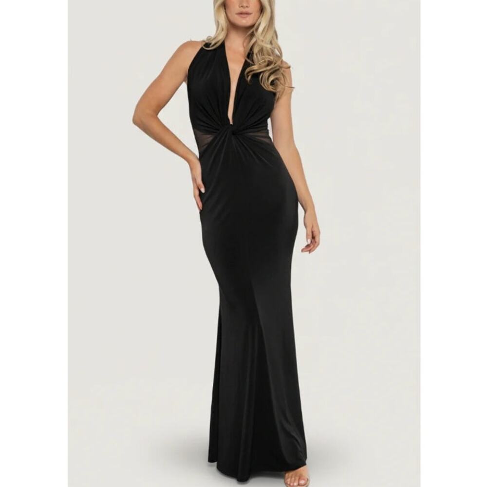 Baltic Born Roma Deep V Halter Gown S Black Mesh Side Fitted Plunge Maxi Dress